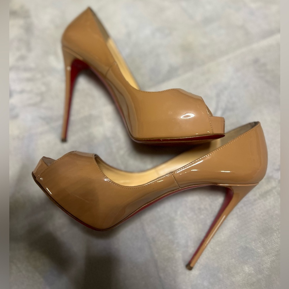 Christian Louboutin Tan Peep-Toe Heels